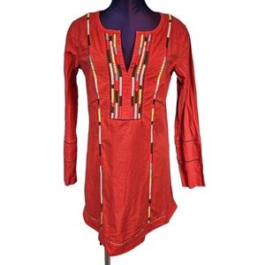 Prana Lahela Orange Embroidered Boho Tunic Top Long Sleeve Size Small Women S60‎